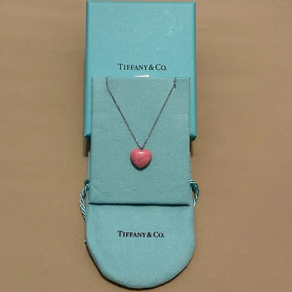 TIFFANY & CO. Pink Rhodonite Heart Silver Necklace